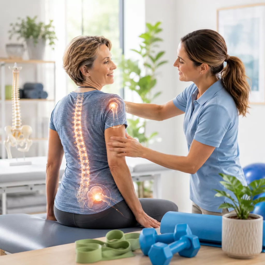 Clinician assessing a patient’s shoulder and spine