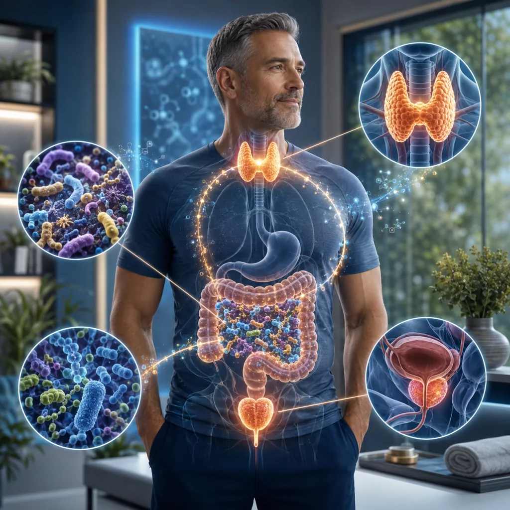 Man with illustrated gut, thyroid, and prostate systems